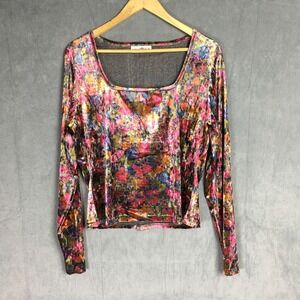 Natural Life Floral Crushed Velvet Top XL Square Neck Long Sleeve Boho Colorful